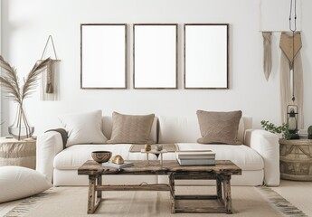 A cozy living room with a white couch. wooden coffee table. and three empty frames on the wall (1)