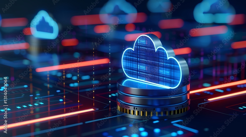 Poster futuristic cloud computing concept with neon lights and digital grid background in blue and red tone