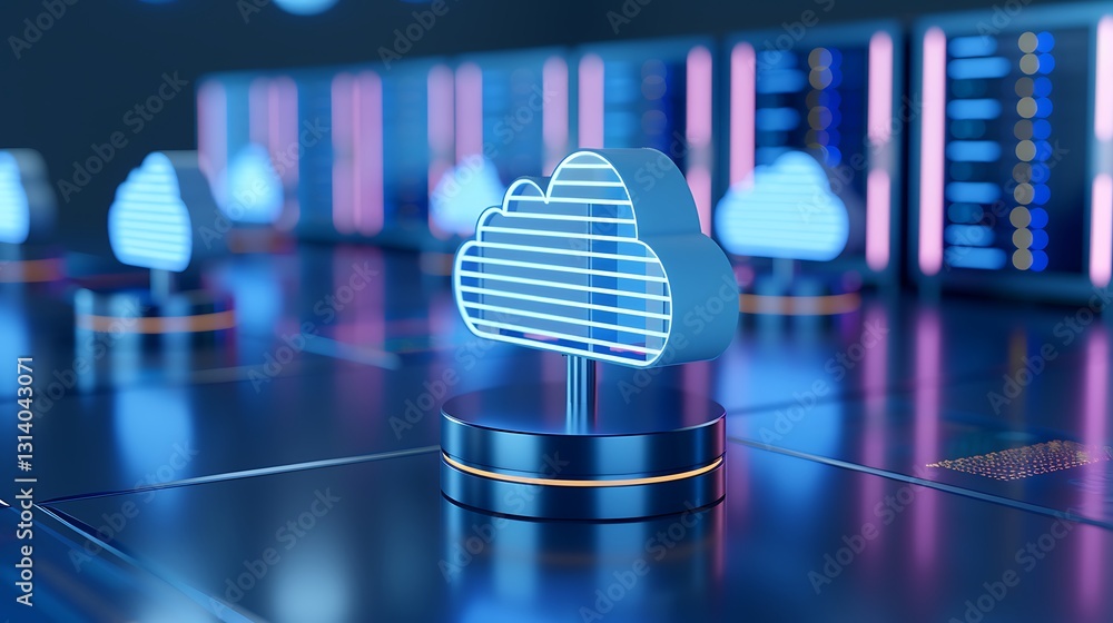 Poster futuristic cloud computing concept with neon lights and digital server room in background