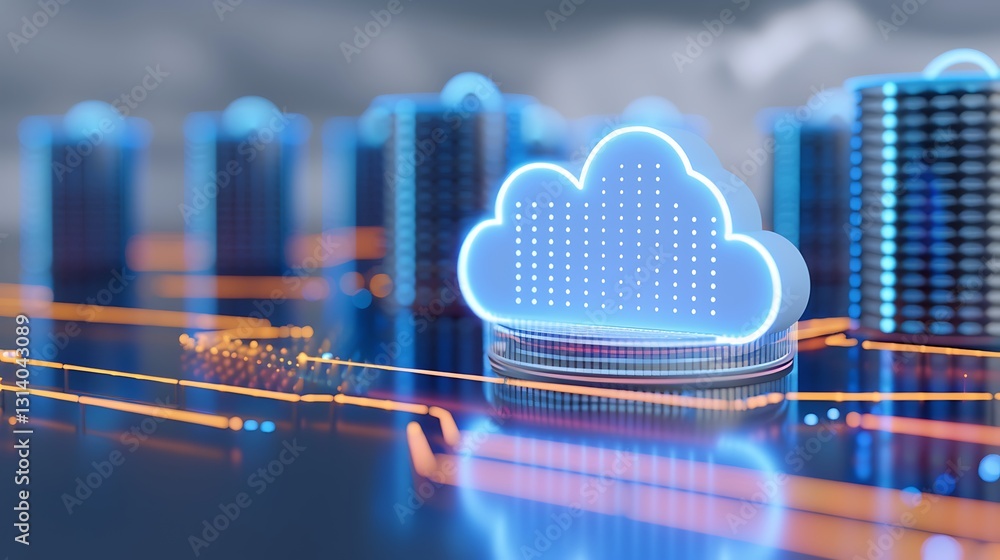 Poster futuristic cloud computing concept with neon lights and urban skyline in background for digital tech