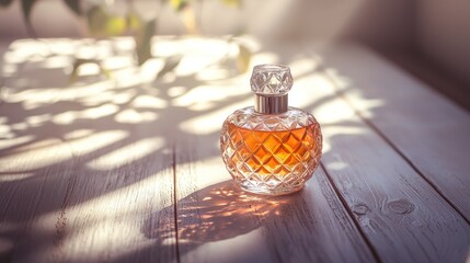 Sunlit perfume bottle on wooden table.