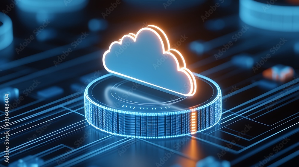 Aufkleber futuristic cloud computing icon surrounded by digital circuit elements and glowing blue led lights