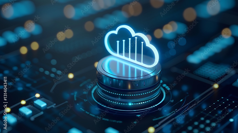 Poster Futuristic Cloud Computing Icon with Data Visualization Elements on Digital Circuit Background