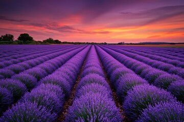 Fototapeta premium Enchanting Lavender Field at Sunset in Provence, France: Rows of Purple Blossoms Under a Vibrant Sky
