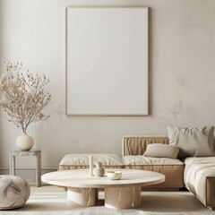 Minimalist living room interior with a large blank canvas for artwork or design