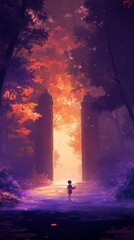 enchanted gate stands tall in the center of a purple and orange forest. A child with a book stands in awe, surrounded by soft cinematic lighting,