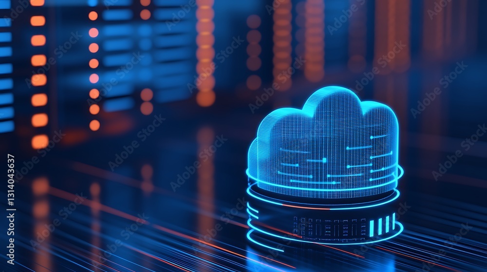 Poster futuristic cloud computing illustration with neon lights and data storage background in a digital en
