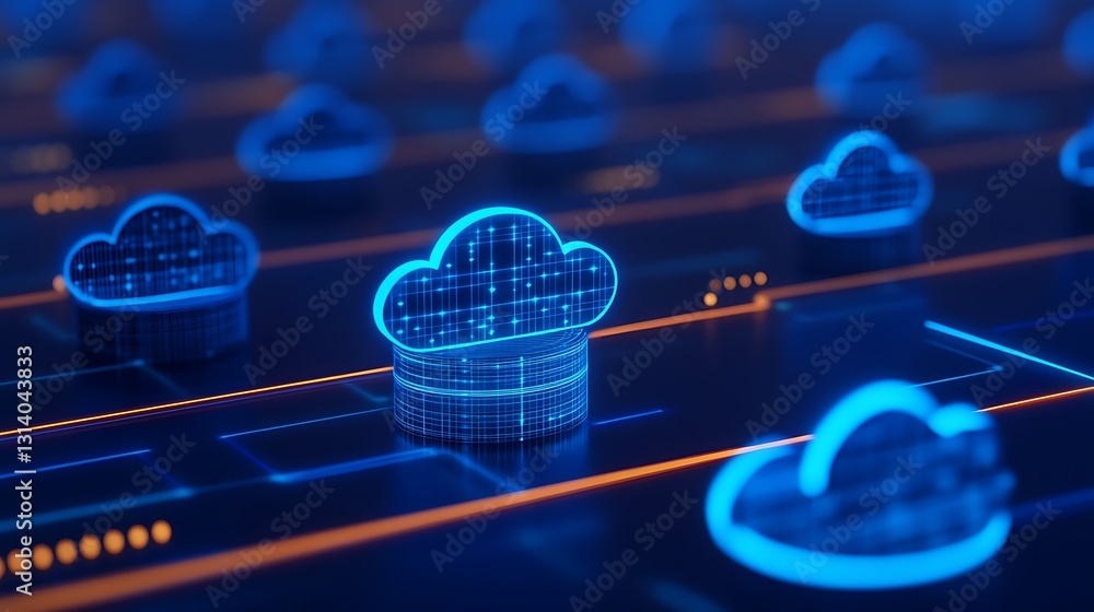 Poster futuristic cloud computing network with glowing blue digital clouds over a dark background