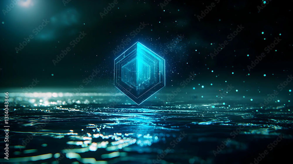 Poster glowing hexagonal structure emerging from dark digital ocean with futuristic blue reflections on wat