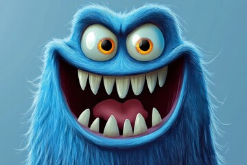 Obraz premium Whimsical Blue Furry Monster with Wide Grin and Menacing Teeth for Childrens Stories