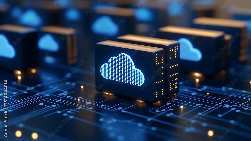 Poster futuristic cloud computing technology with data transmission and digital infrastructure in a network