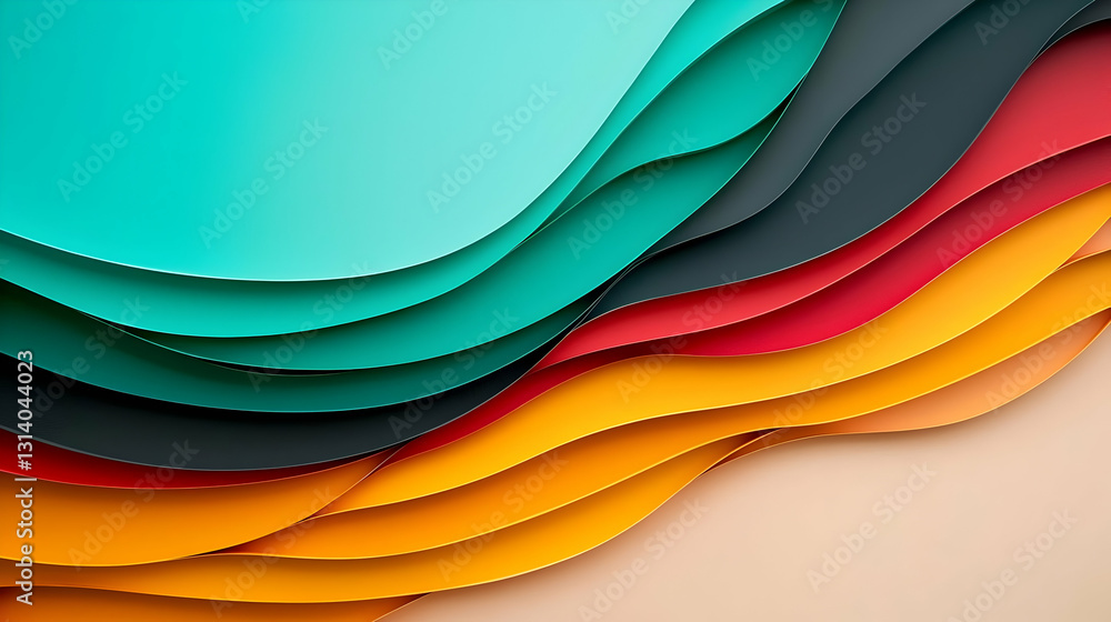 Poster Abstract Background With Colorful Wavy Paper Layers In Teal Orange Red Blue And Black With 3D Effect And Smooth Gradient