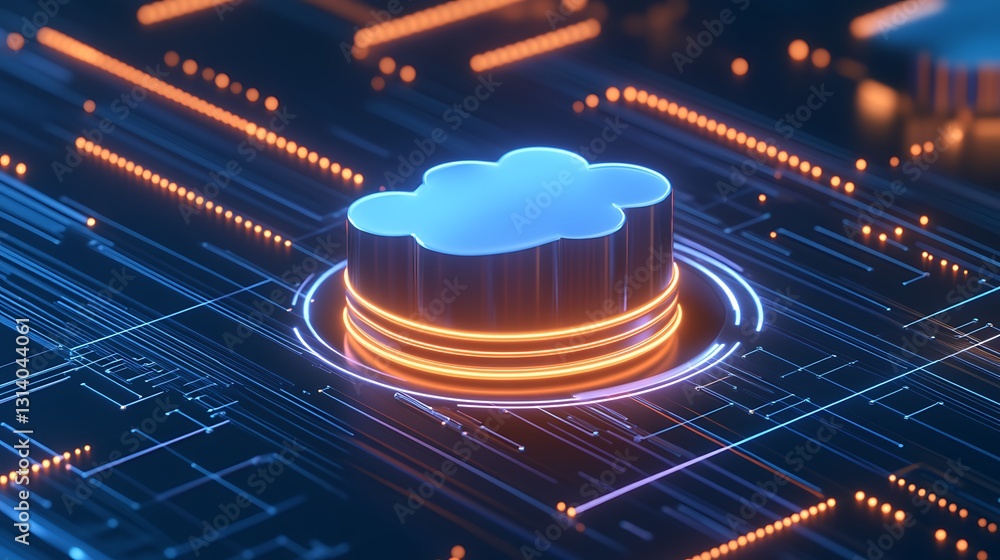 Sticker futuristic cloud computing technology with digital circuits and neon lights in blue and orange color