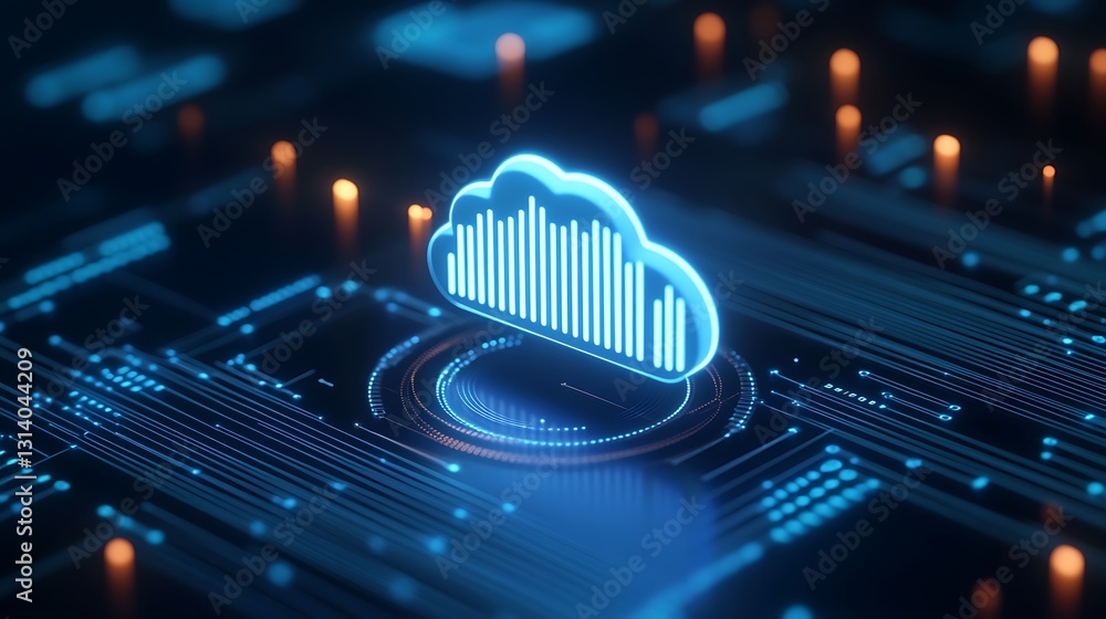 Poster futuristic cloud computing visual with digital data streams and blue glow effects for technology the