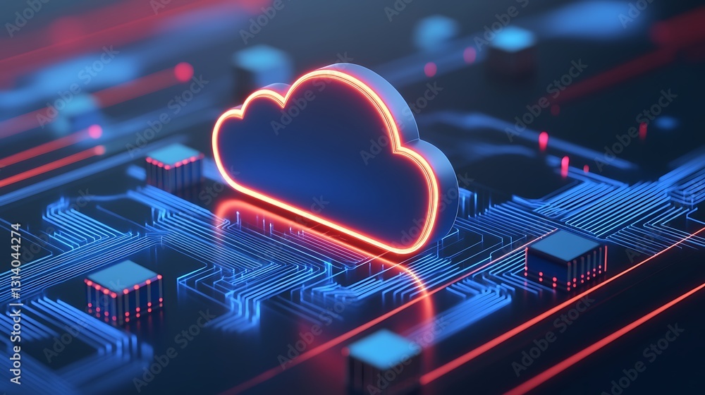 Poster futuristic cloud icon on circuit board background with neon lights and digital technology elements