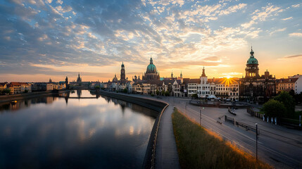Panoramic Sunrise Over Dresden Germany With Elbe River Golden Light and Baroque Architecture