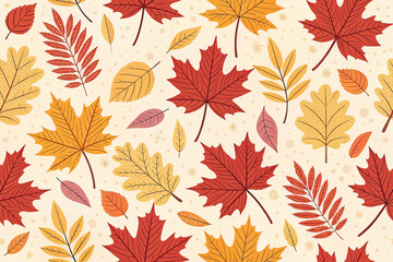 Seamless autumn leaf pattern with maple, oak, and ash leaves in red, orange, and yellow.