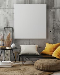 Minimalist living room with a large blank canvas. a coffee table. and a couch with pillows