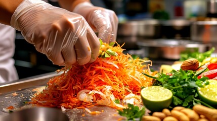 Obraz premium Culinary Creation Fresh Vegetable Salad Preparation with Protected Hands in Kitchen