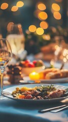 A beautifully arranged dinner table featuring gourmet dishes, elegant glassware, and soft glowing lights in the background, creating a festive atmosphere