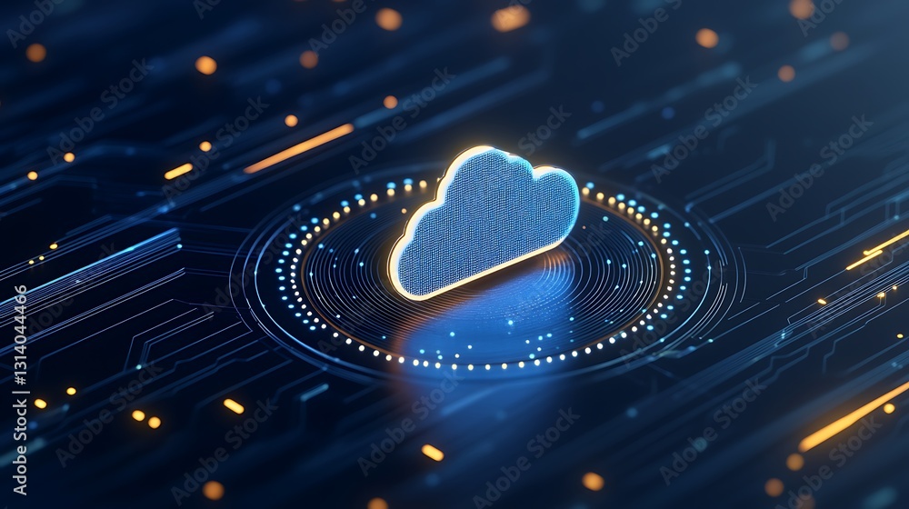 Poster futuristic cloud icon surrounded by digital circuits and glowing particles on a dark background