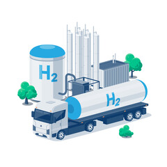 Hydrogen transportation and storage. Semi truck distribution with fuel cistern trailer. Hydrogen gas tanks facility power plant production process factory. Flat isolated vector illustrations on white.