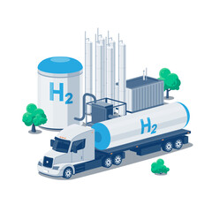 Hydrogen transportation and storage. Semi truck distribution with fuel cistern trailer. Hydrogen gas tanks facility power plant production process factory. Flat isolated vector illustrations on white.