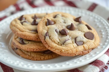 Stack of chocolate chip cookies on white plate. Artificial intelligence image