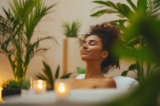 A minimalist spa environment where a woman experiences acupuncture therapy, surrounded by plants and aromatherapy candles
