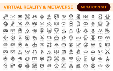 Fototapeta premium Virtual Reality and Metaverse Icon Set. A cutting-edge collection of icons designed to enhance immersive experiences, perfect for VR apps, gaming platforms, and digital worlds.