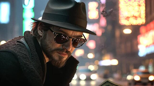 A street performer collecting tips in a vibrant neon city