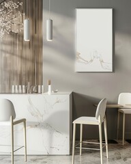 Minimalist and modern bar counter with white chairs and a marble countertop There is a large blank canvas hanging on the wall behind the counter and a branch with white flowers