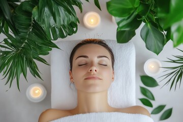 A minimalist spa environment where a woman experiences acupuncture therapy, surrounded by plants and aromatherapy candles