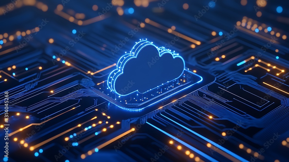 Poster futuristic cloud storage symbol on a circuit board background representing technology and data conne