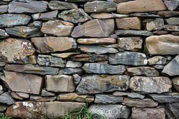 Fototapeta premium Photo of Old grey and brown long stone wall. Detailed photo textured background