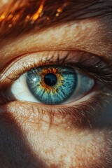 Close-up of a vibrant human eye showcasing intricate details and colors, with soft shadows