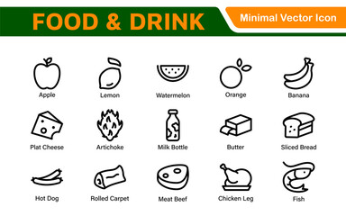 Food and Drink Icons Collection. Vector-Based Icons for Cooking, Dining, Beverages, Restaurant, and Fast Food Design