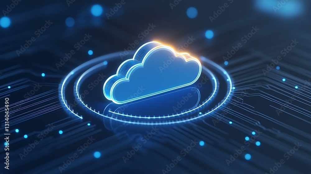Poster futuristic cloud symbol over circular circuit board background with glowing elements and digital tec
