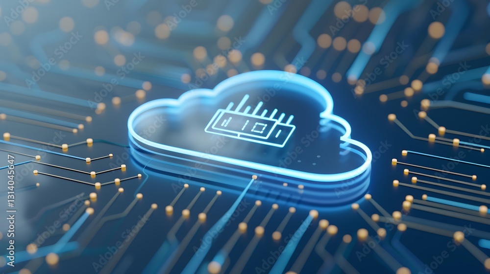 Poster futuristic cloud symbol with circuit board background representing data storage and connectivity con