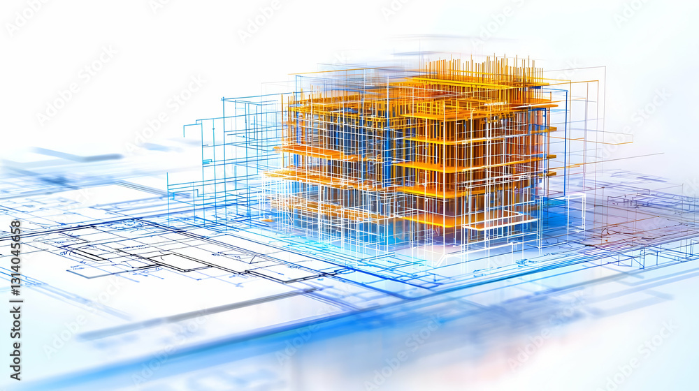 Poster abstract 3d render of an orange building model on a blueprint with blue accents showing a futuristic