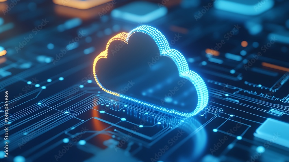 Poster futuristic cloud symbol with digital circuit background, represents cloud computing and data storage