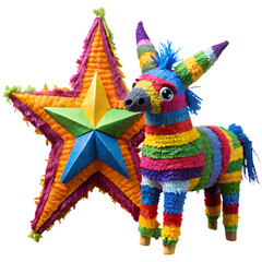 Festive Pi&ntilde;ata Duo, A vibrant pair of pi&ntilde;atas, a colorful star and donkey, stand side-by-side, filled with anticipation for fun and celebration.