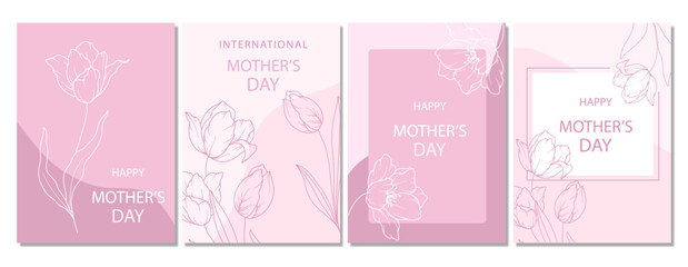 Mother's Day Poster. Set of Floral Posters for Mothers Day. Flower design Mother's Day Greeting Cards. Mothers Day background Templates with Floral Line Art.