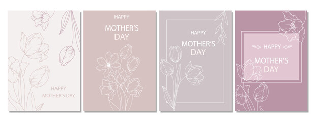 Mother's Day Poster. Set of Floral Posters for Mothers Day. Flower design Mother's Day Greeting Cards. Mothers Day background Templates with Floral Line Art.