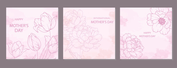 Mother's Day Poster. Set of Floral Posters for Mothers Day. Flower design Mother's Day Greeting Cards. Mothers Day background Templates with Floral Line Art.