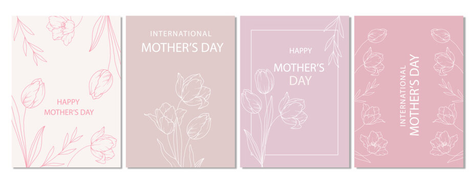 Mother's Day Poster. Set of Floral Posters for Mothers Day. Flower design Mother's Day Greeting Cards. Mothers Day background Templates with Floral Line Art.