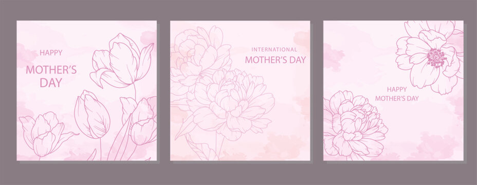 Mother's Day Poster. Set of Floral Posters for Mothers Day. Flower design Mother's Day Greeting Cards. Mothers Day background Templates with Floral Line Art.