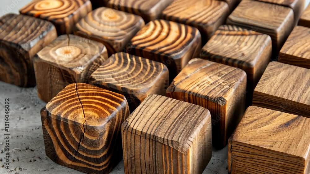 Poster artisan wooden blocks arranged neatly highlighting their unique grain patterns and rich colors on a 