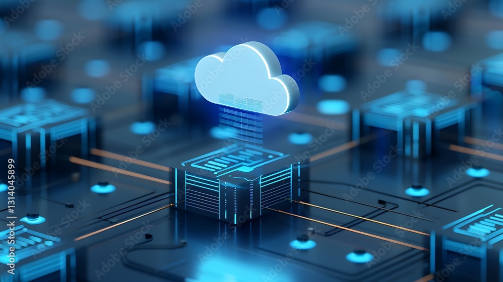 Poster futuristic cloud technology concept represented by glowing cloud over data storage servers with digi