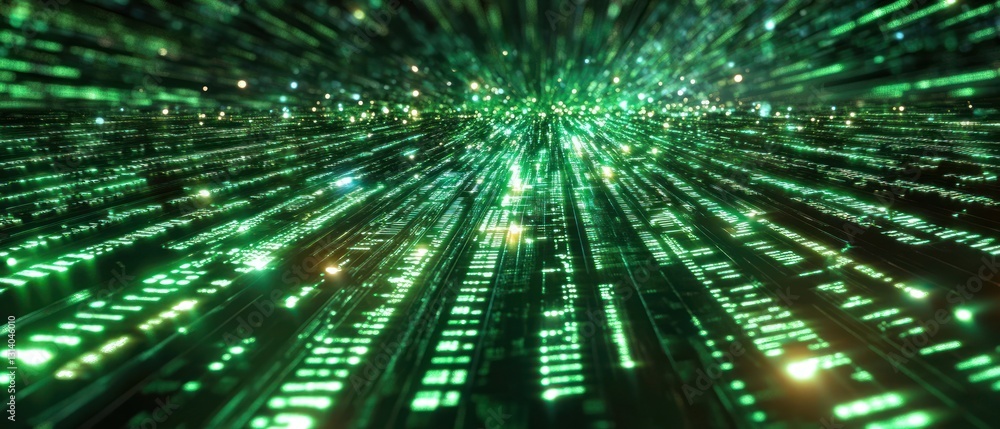 Poster abstract green digital data stream with glowing particles